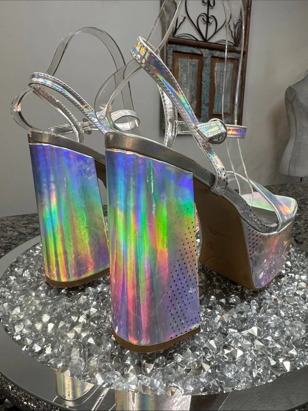 Rouge! Holographic Silver Platform Go-Go Sandals NWOT